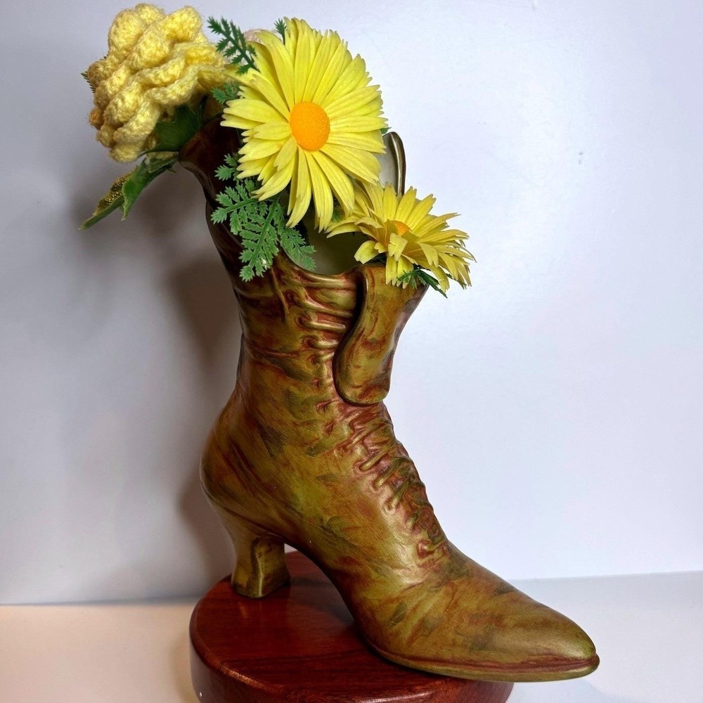 Vintage Hand Painted Ceramic Victorian Boot Vase Cottagecore Floral Decor